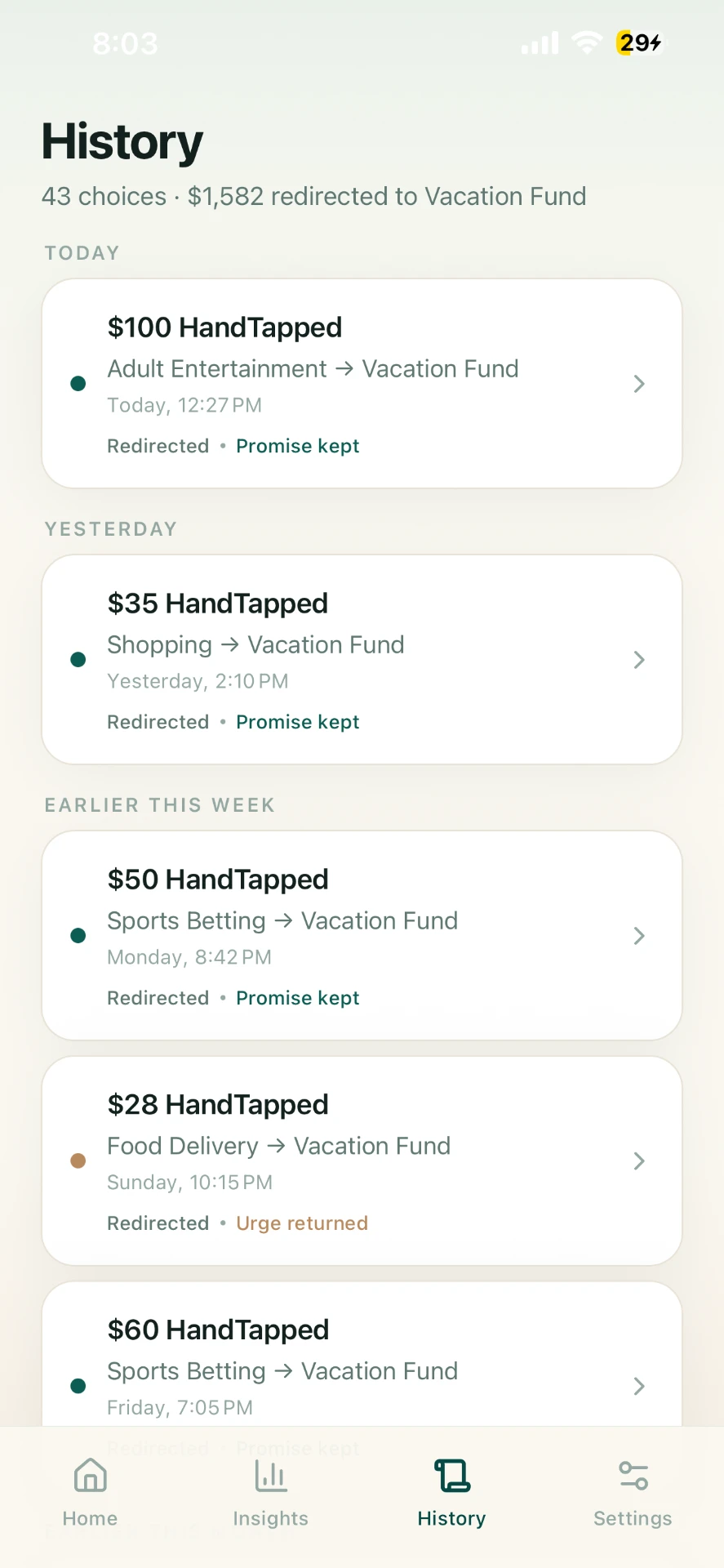 HandTap history screen listing past redirected amounts