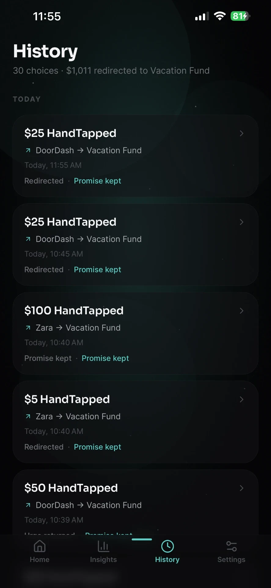 HandTap history screen listing past redirected amounts