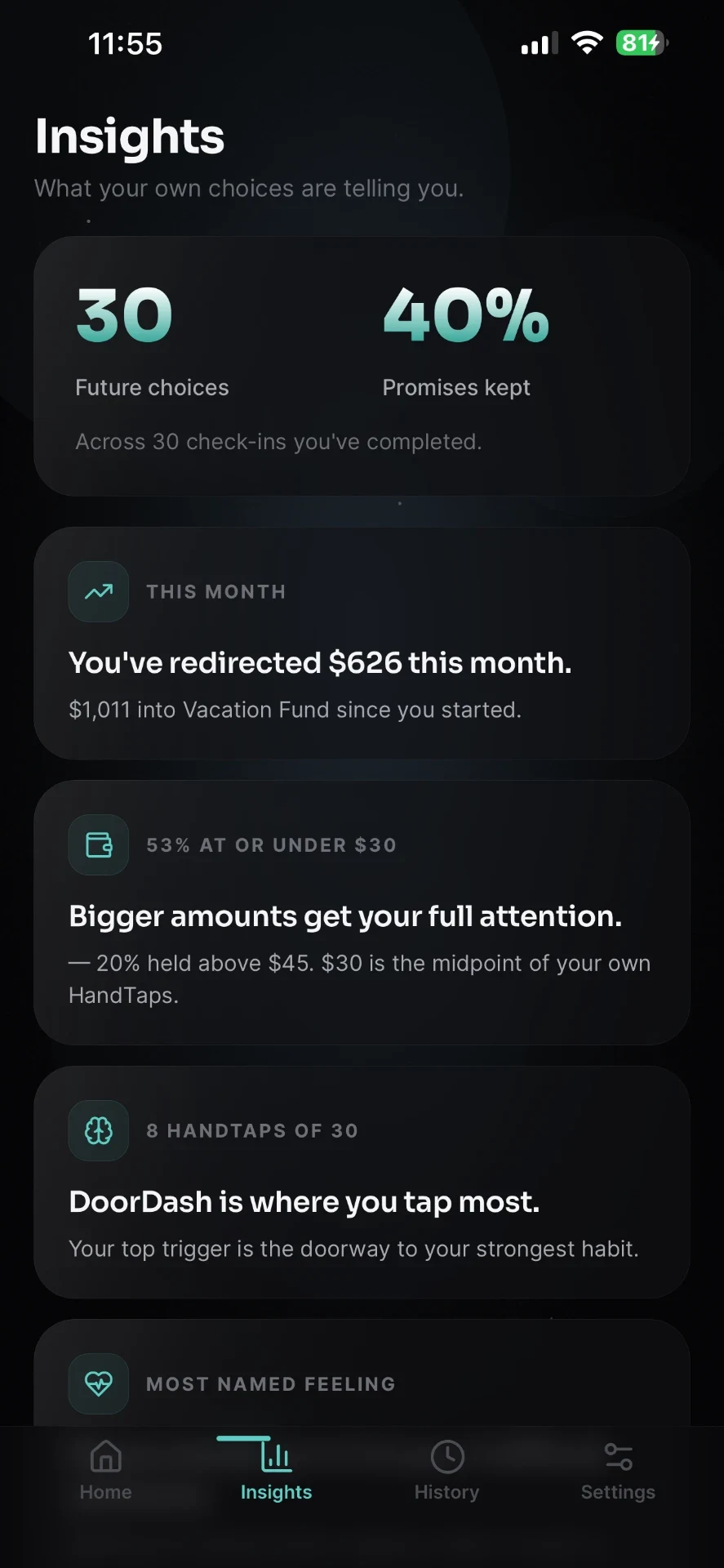 HandTap insights screen showing patterns across past choices