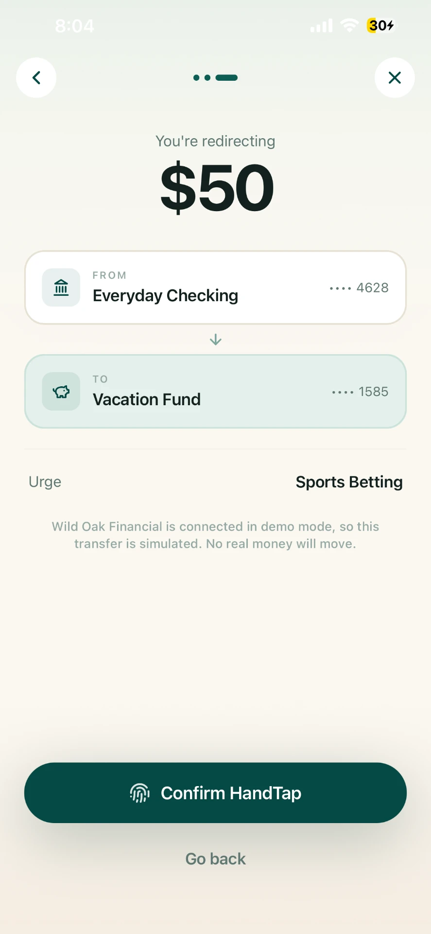 HandTap confirmation screen showing a transfer from checking to a vacation fund