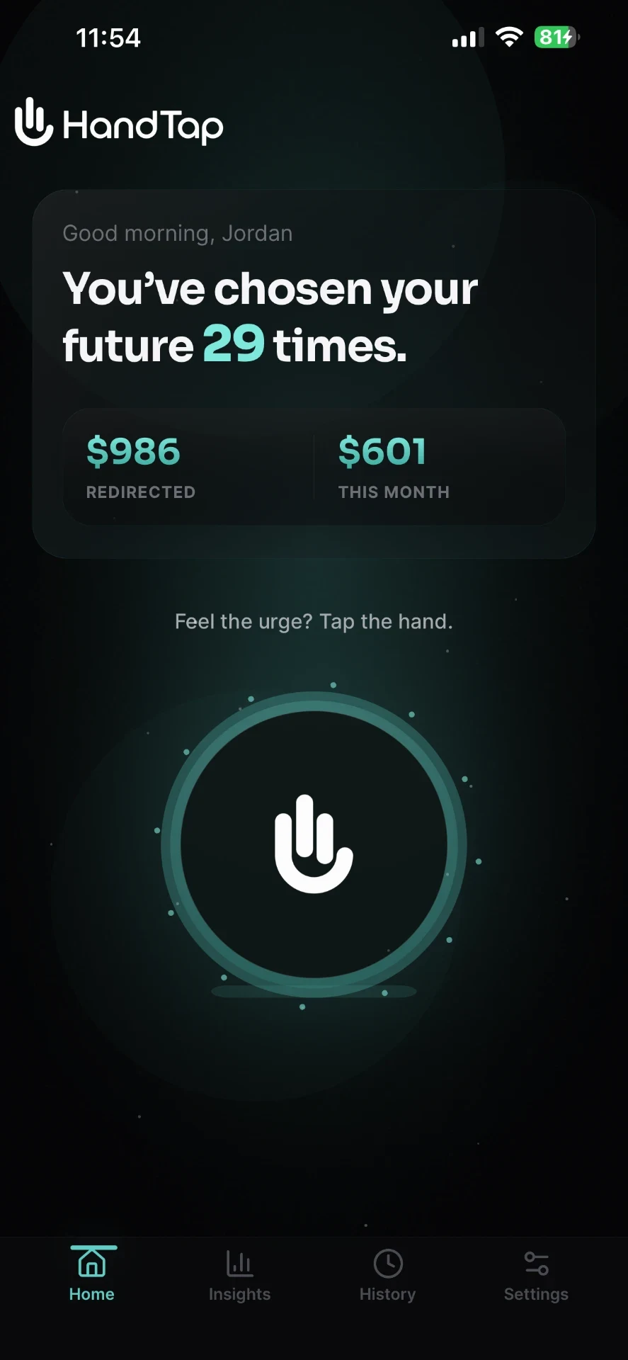 HandTap home screen showing future choices and the HandTap button