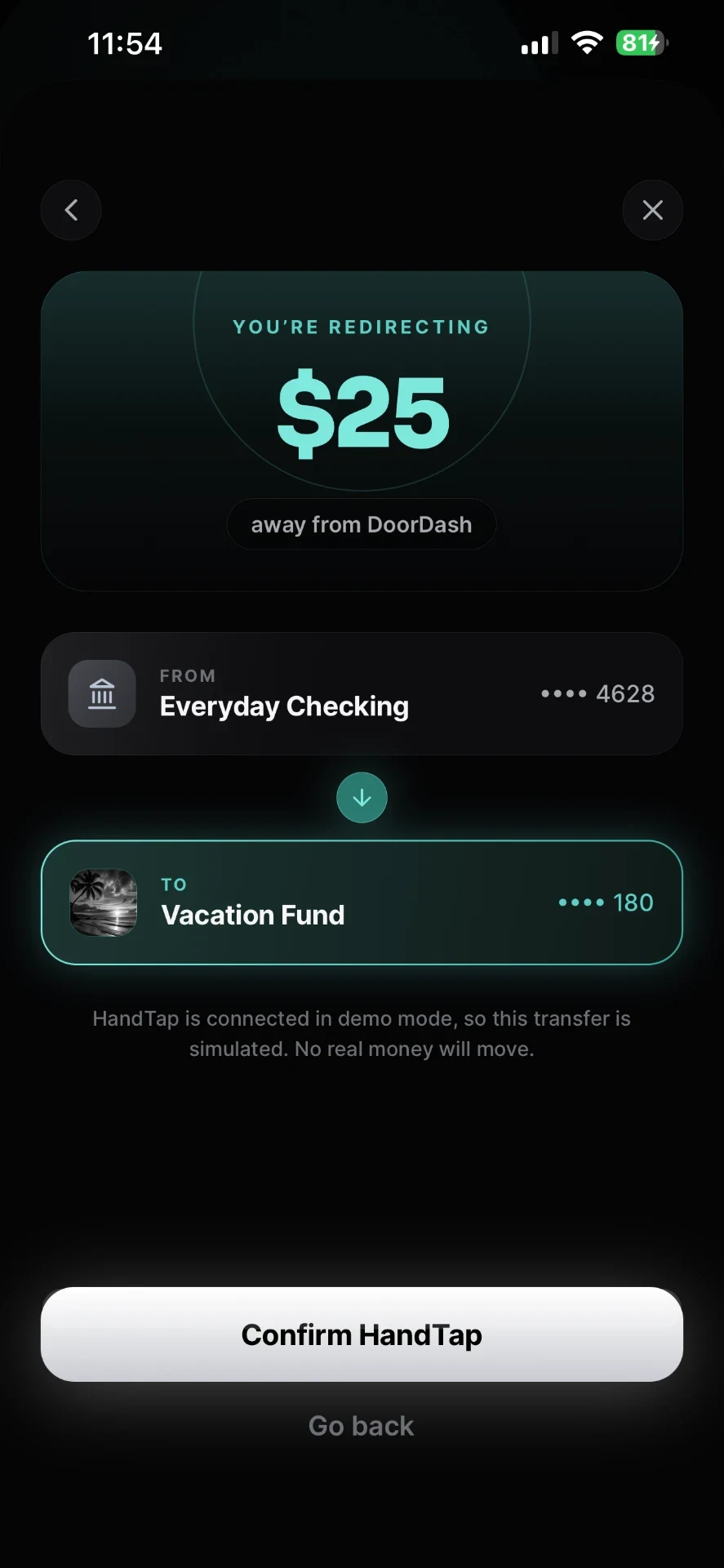 HandTap confirmation screen showing a transfer from checking to a vacation fund